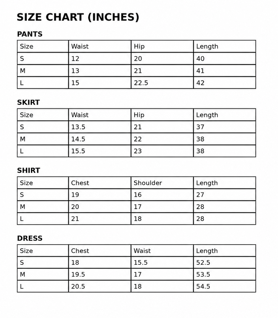 Size guide for Bloom & Tide Pants